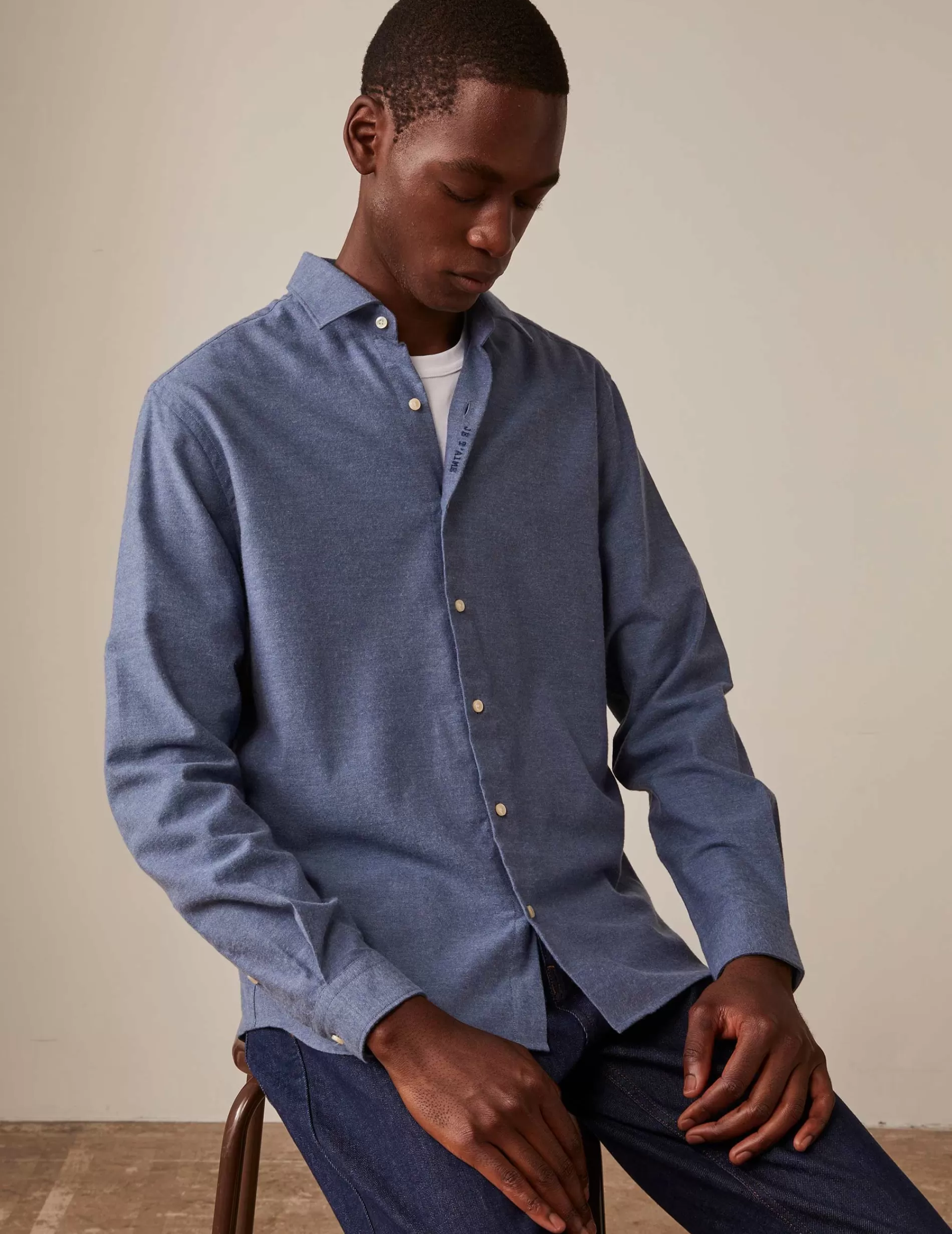 Figaret Paris Colors And Patterns·Plain Shirts | Colors And Patterns·Blue Shirts | Chemise Mixte "je T'aime" En Coton Et Cachemire Bleu