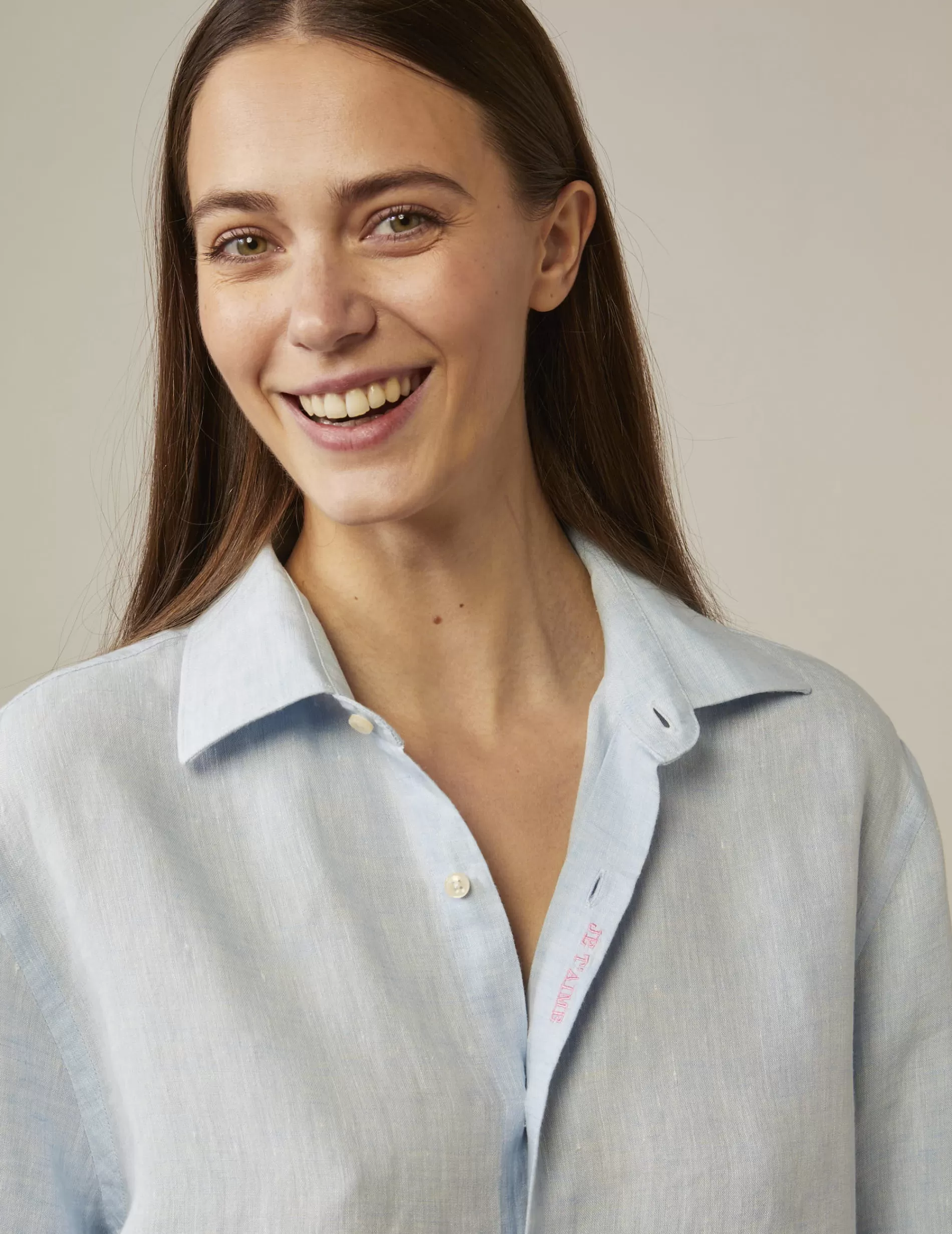 Figaret Paris Colors And Patterns·Plain Shirts | Colors And Patterns·Blue Shirts | Chemise Mixte "Je T'aime" En Lin Bleu