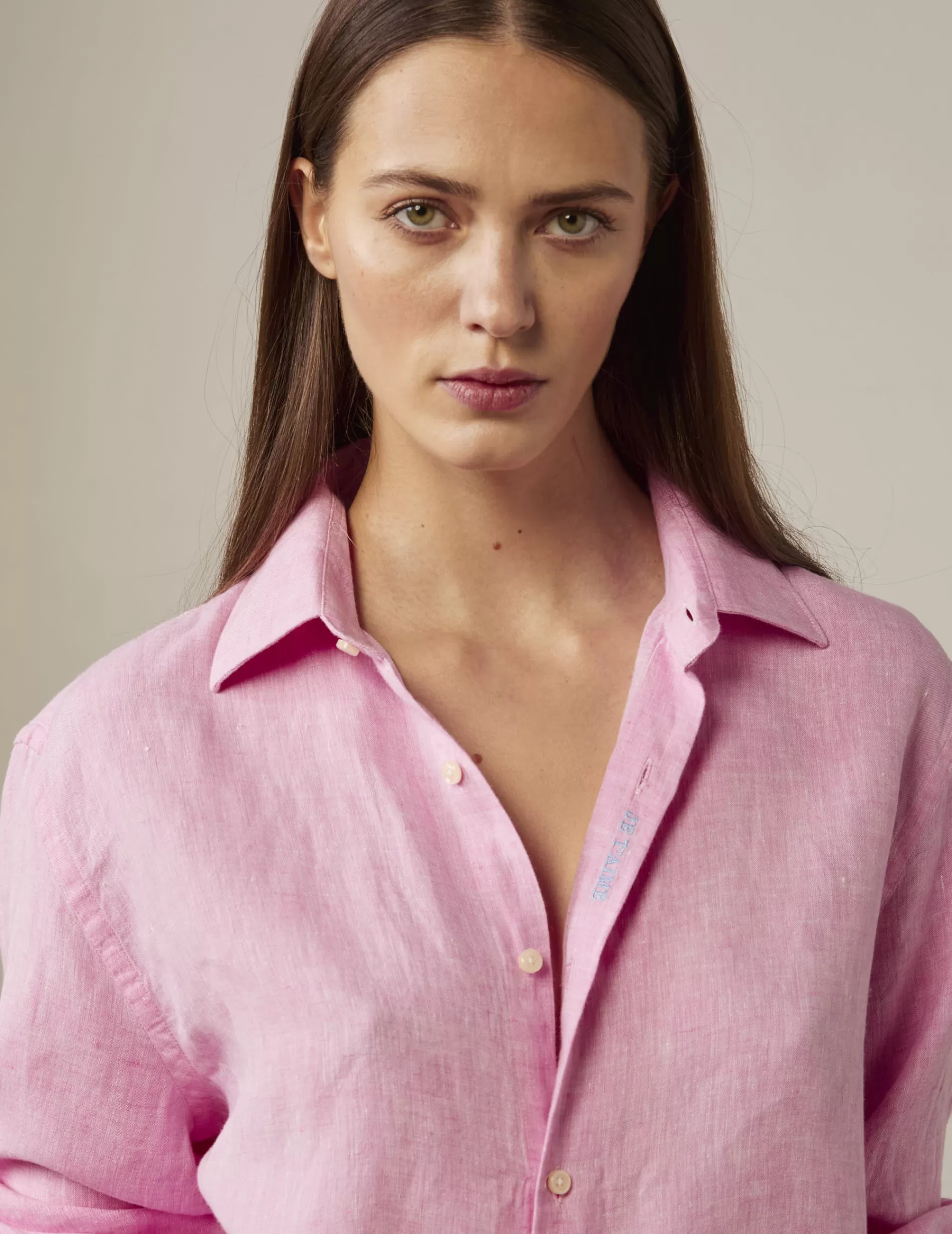 Figaret Paris Colors And Patterns·Pink Shirts | Fabrics·Linen Shirts | Chemise Mixte "Je T'aime" En Lin Rose