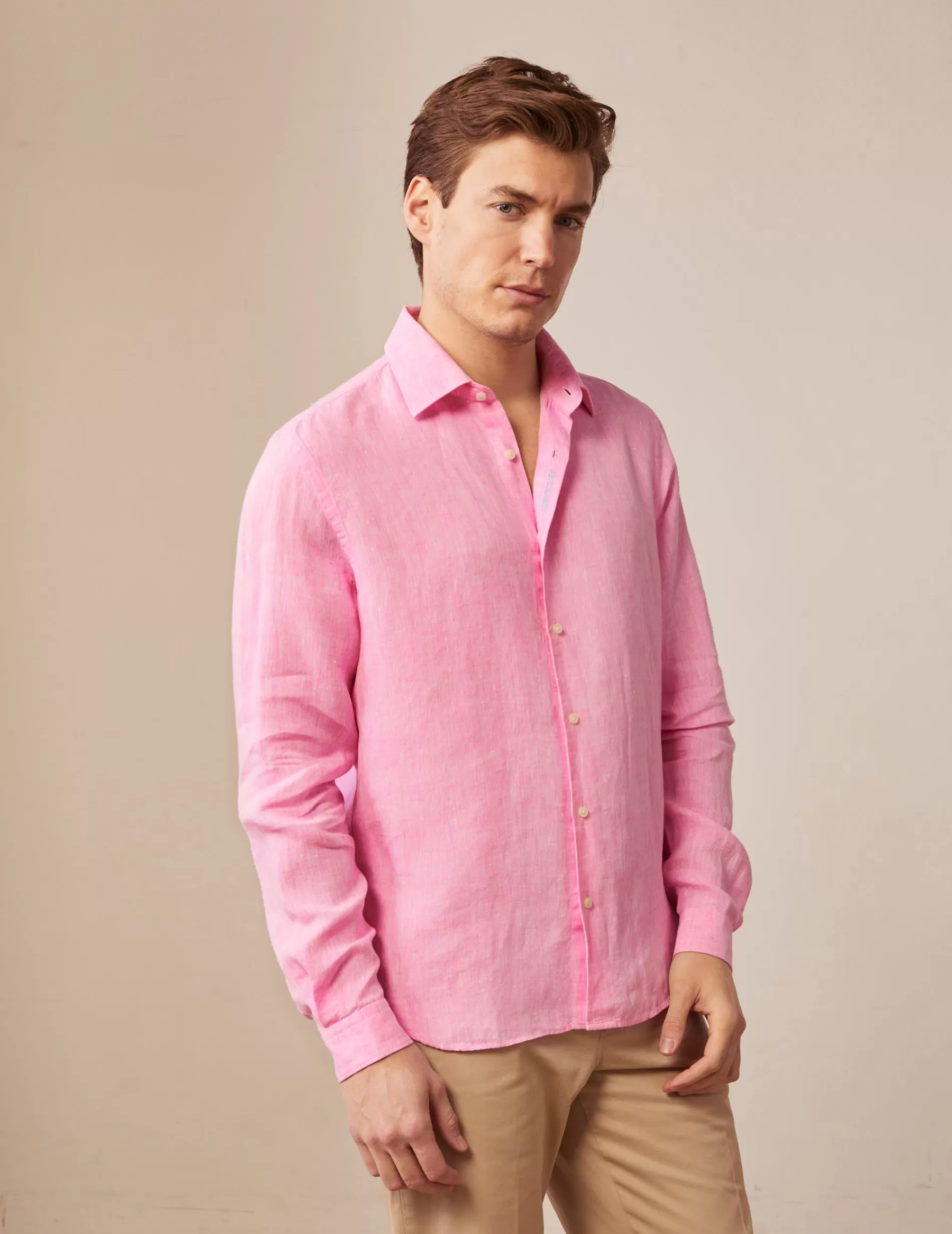 Figaret Paris Colors And Patterns·Pink Shirts | Fabrics·Linen Shirts | Chemise Mixte "Je T'aime" En Lin Rose