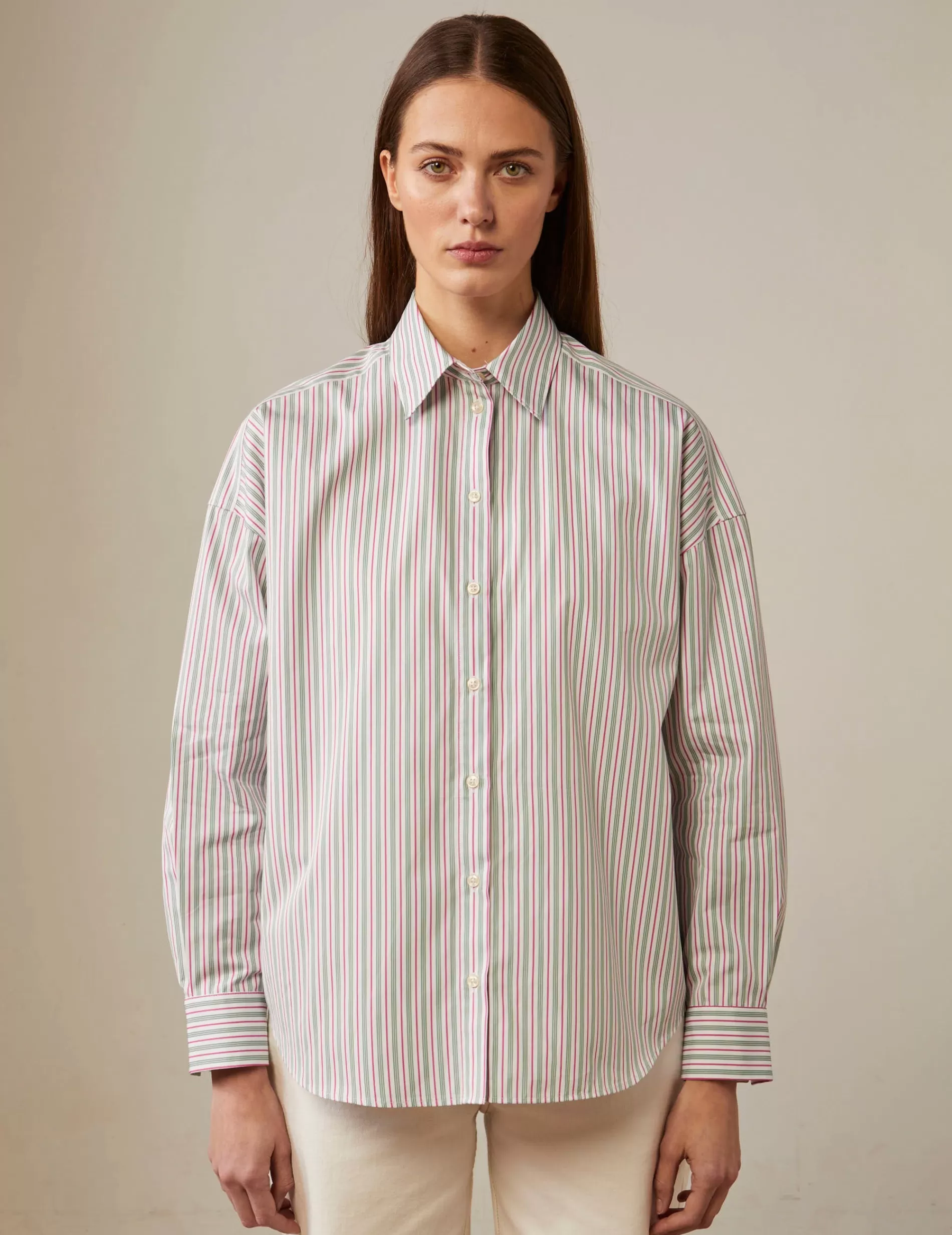 Figaret Paris Colors And Patterns·Stripe Shirts | Fabrics·Cotton Shirts | Chemise Oversize Helina Rayée e Vert