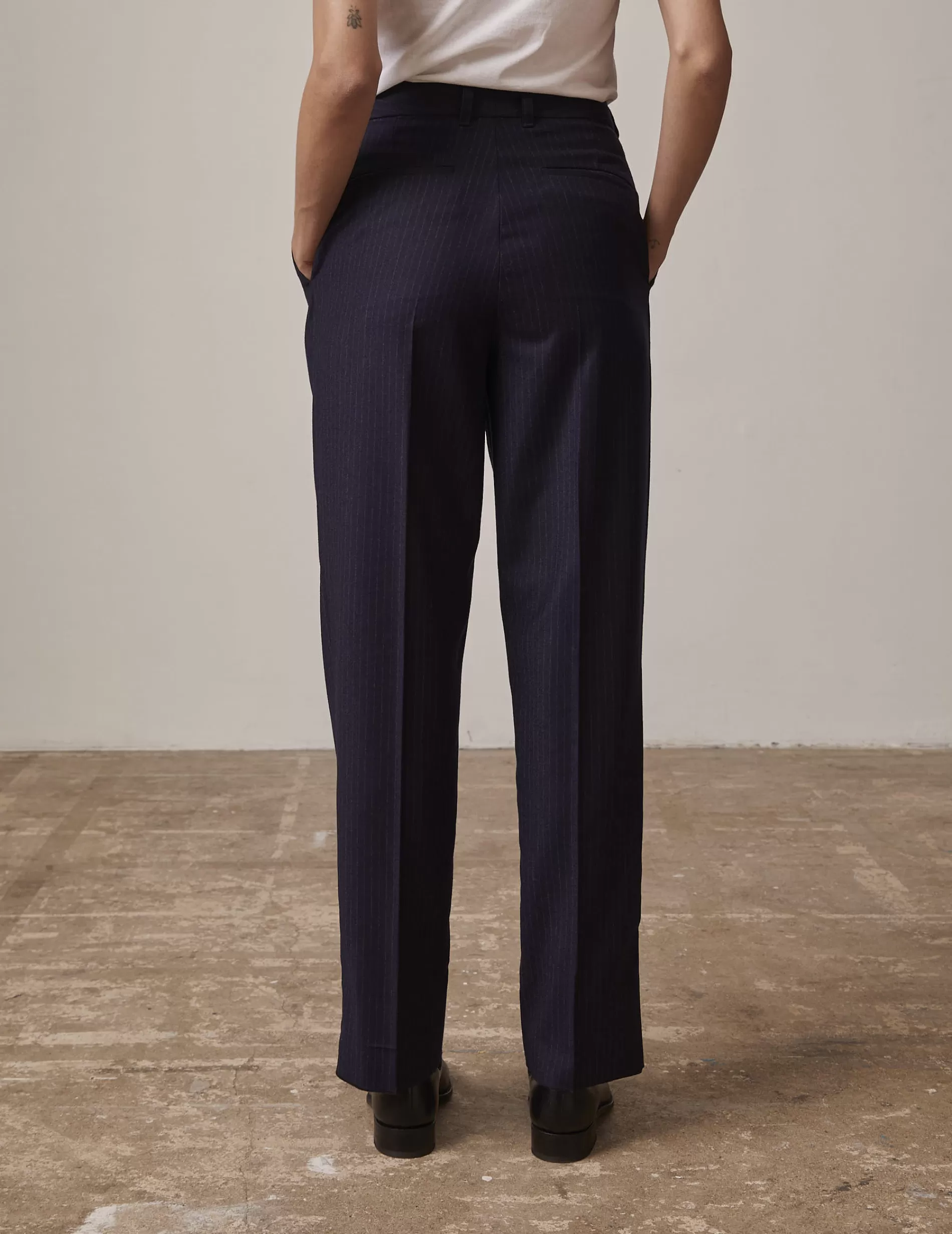 Figaret Paris Ready To Wear | Pantalon Grazia En Twill De Laine Rayée Bleu Marine