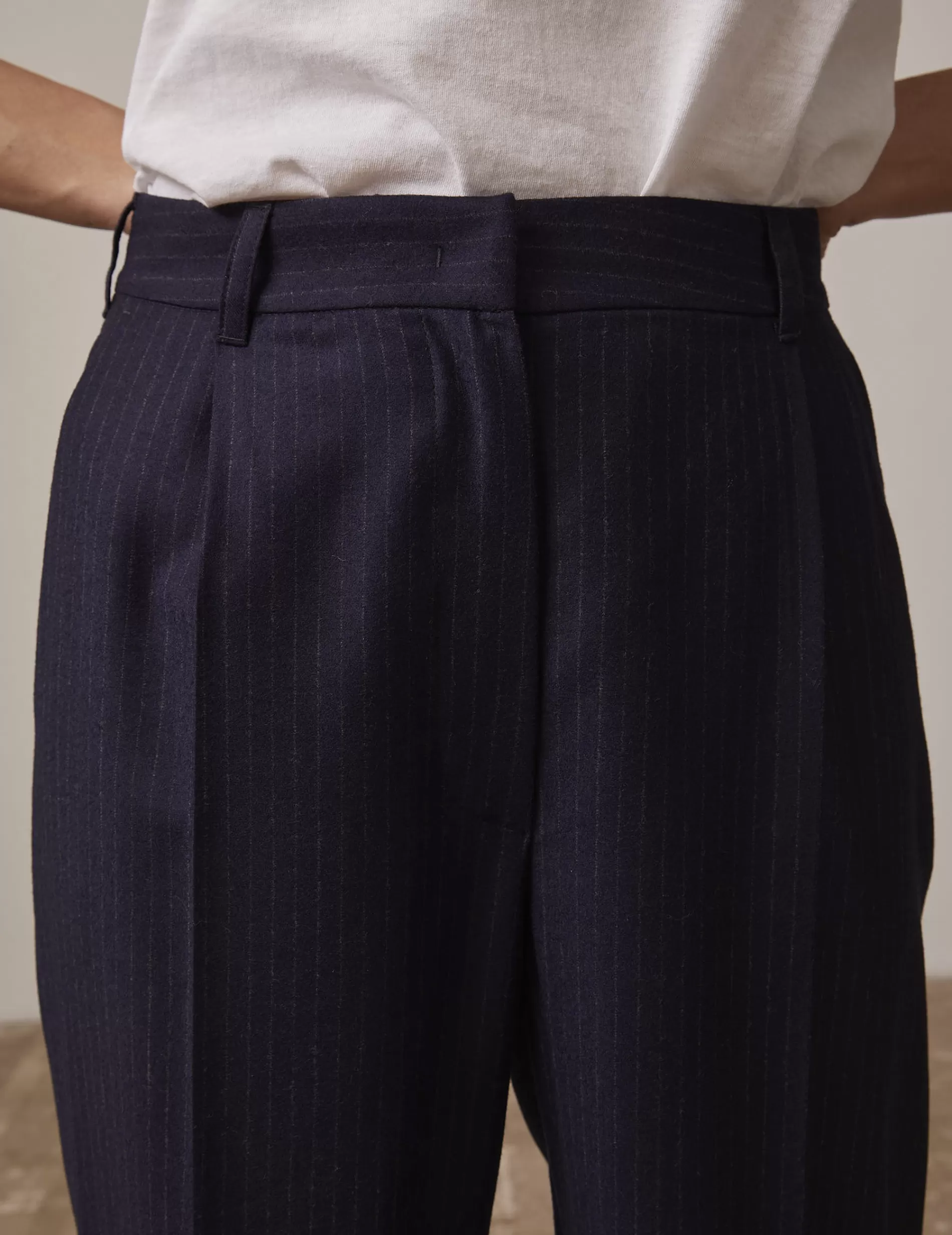 Figaret Paris Ready To Wear | Pantalon Grazia En Twill De Laine Rayée Bleu Marine