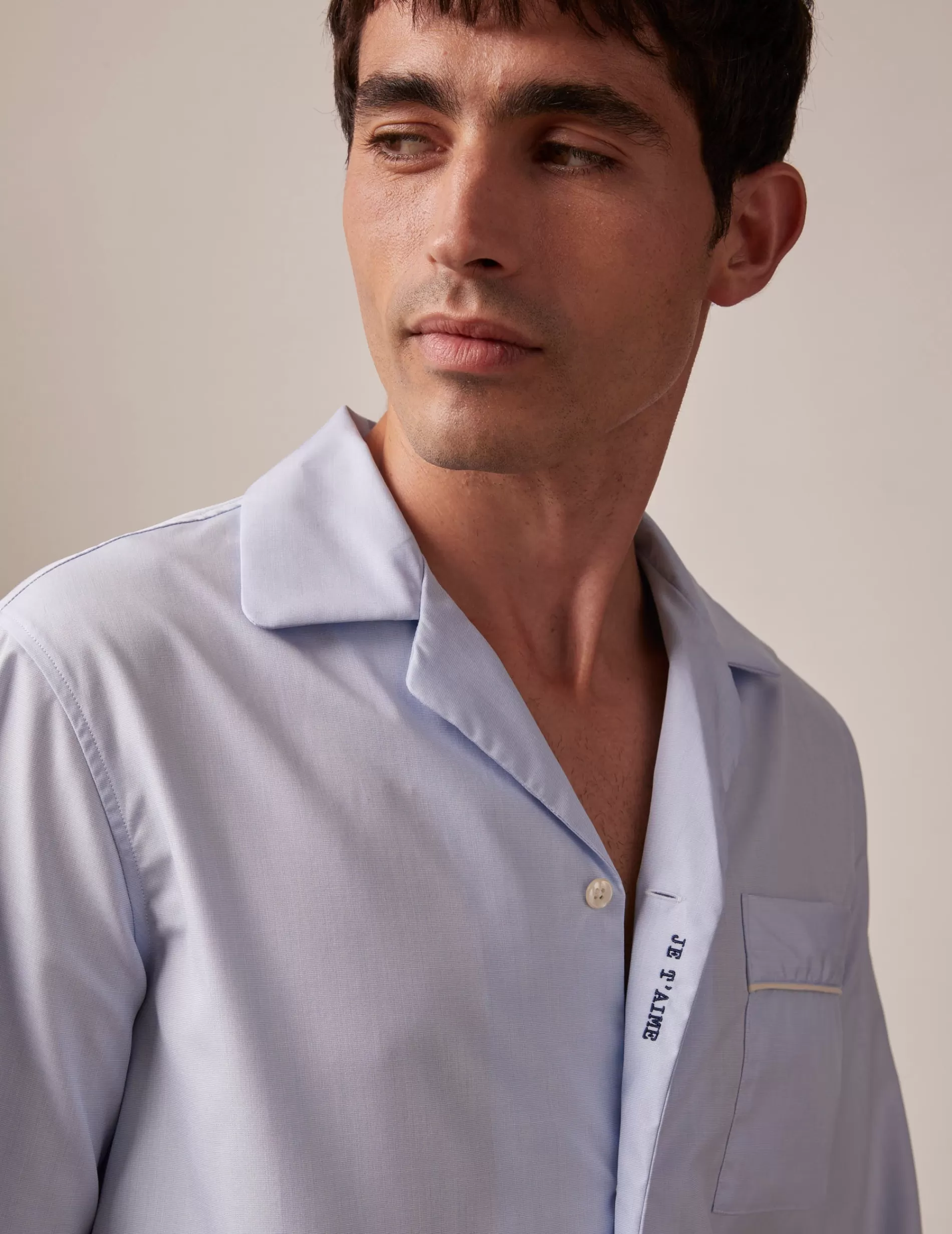 Figaret Paris Pyjamas | Pyjama Louis En Fil-à-fil Marine Brodé "Je T'aime"
