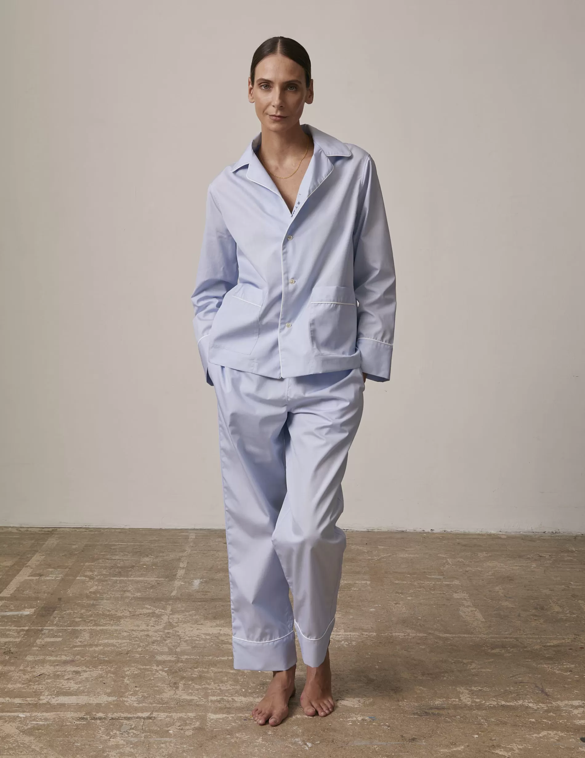Figaret Paris Ready To Wear | Pyjama Louise En Fil-à-fil Bleu Brodé "Je T'aime"